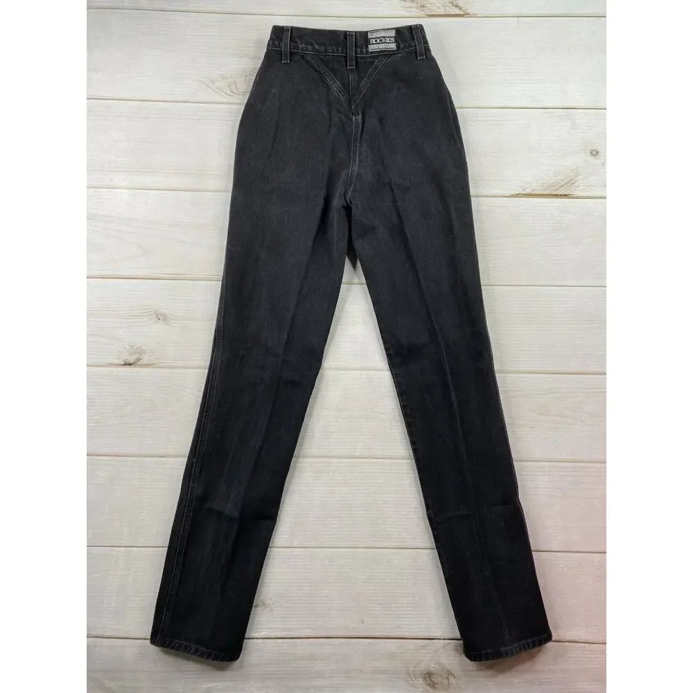 Vtg Rockies Jeans Womens 26/3 Black Rivets Bareback Riding High Rise Cowgirl 90s
